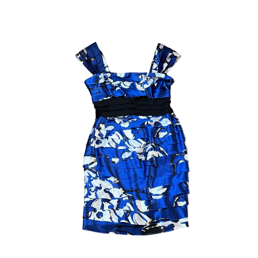 Jones New York Blue Multicolor Satin Ruffle Tiered Dress SIZE 2P